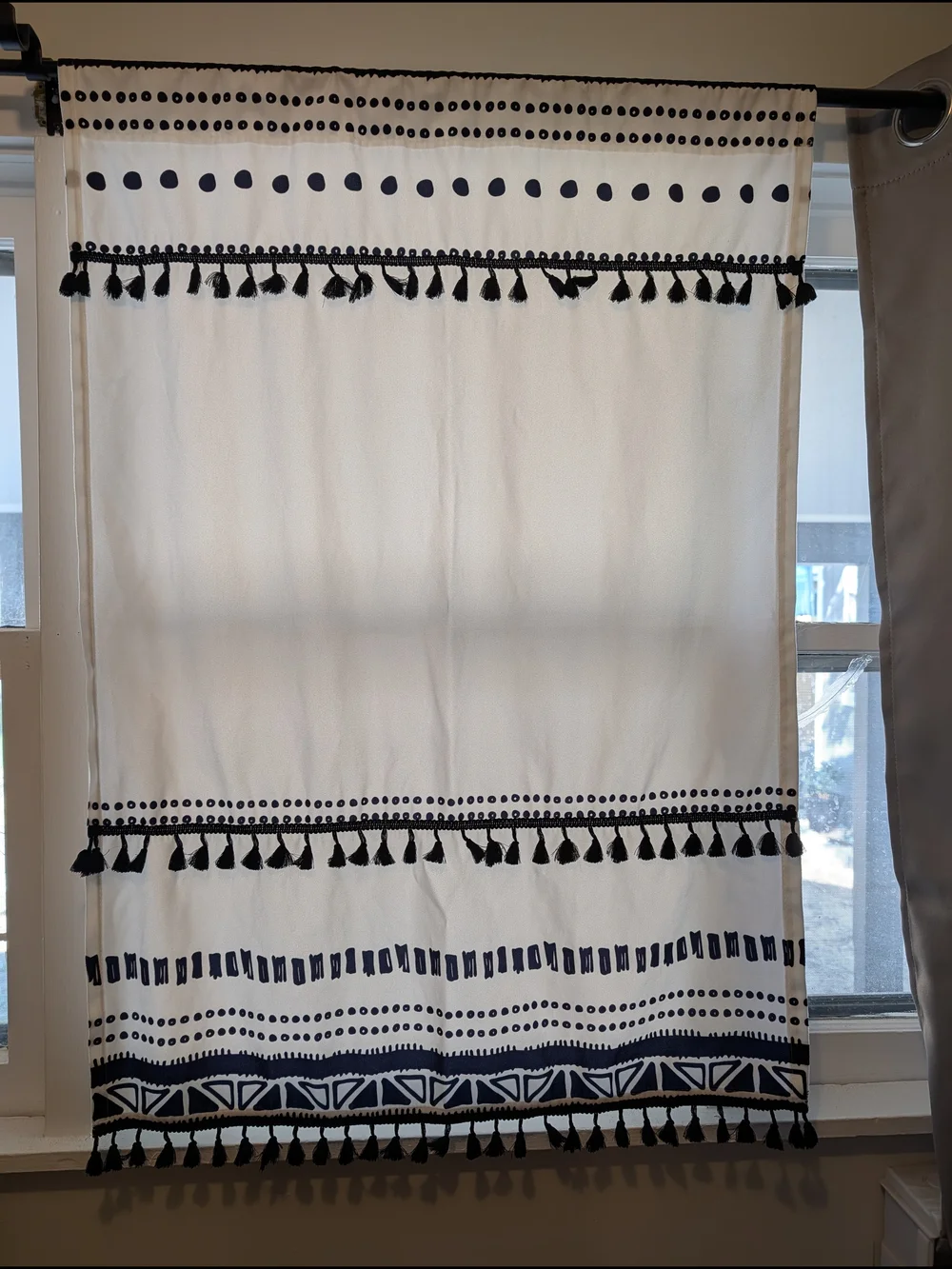 Boho Tassel Window Curtain Panel in Ivory and Black